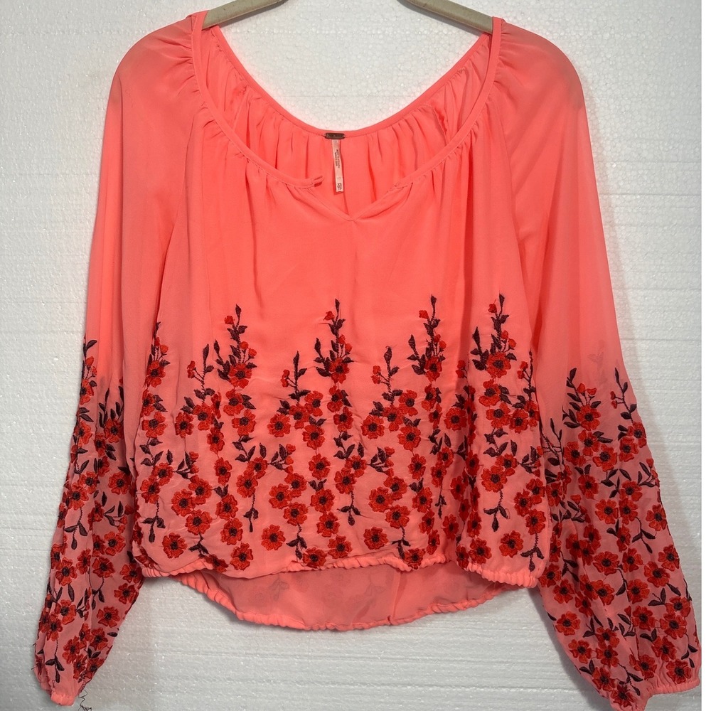 Free People Embroidered Peasant Blouse Coral Floral Boho Long Sleeve Size XS - Picture 3 of 11